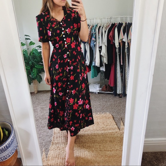 90s Vintage Floral Midi Dress